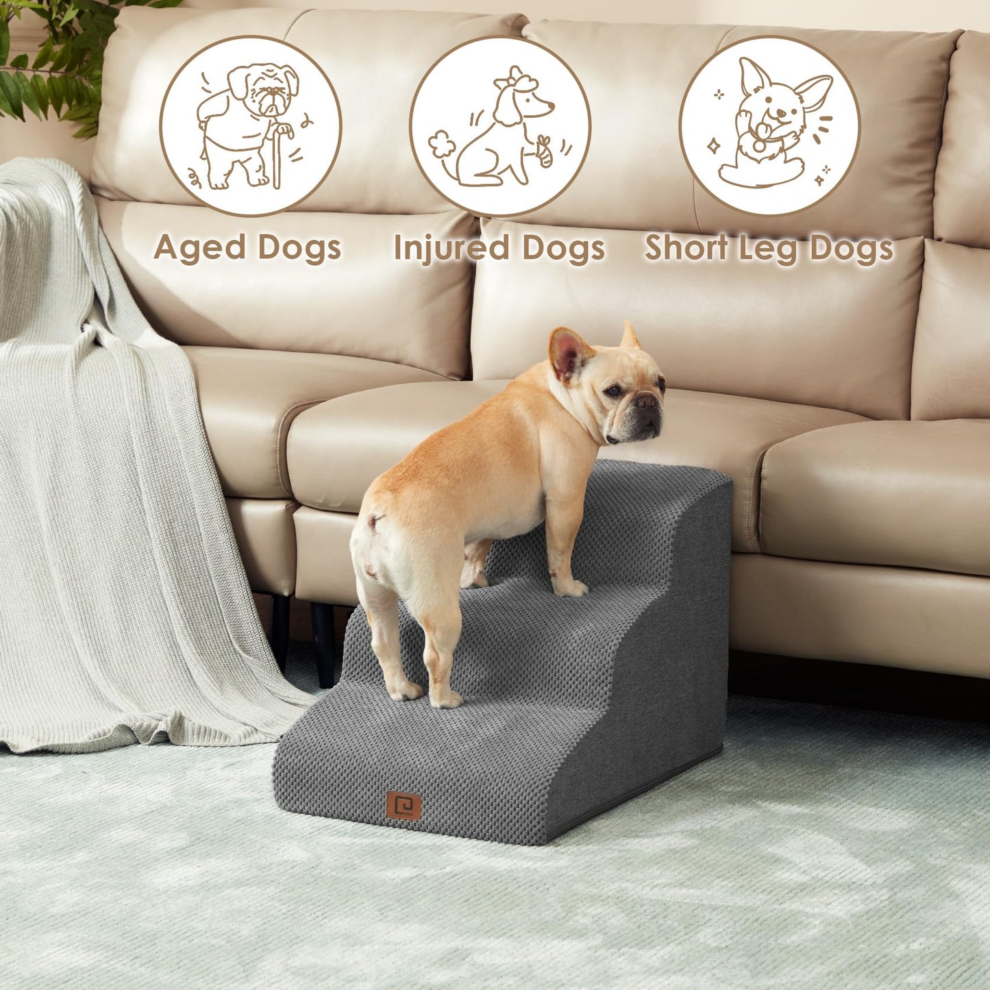 EHEYCIGA Curved Dog Stairs Ramp โ 3-Step Pet Stairs for Small Dogs & Cats, Non-Slip Indoor Steps for Couch, Sofa & Chair, Grey