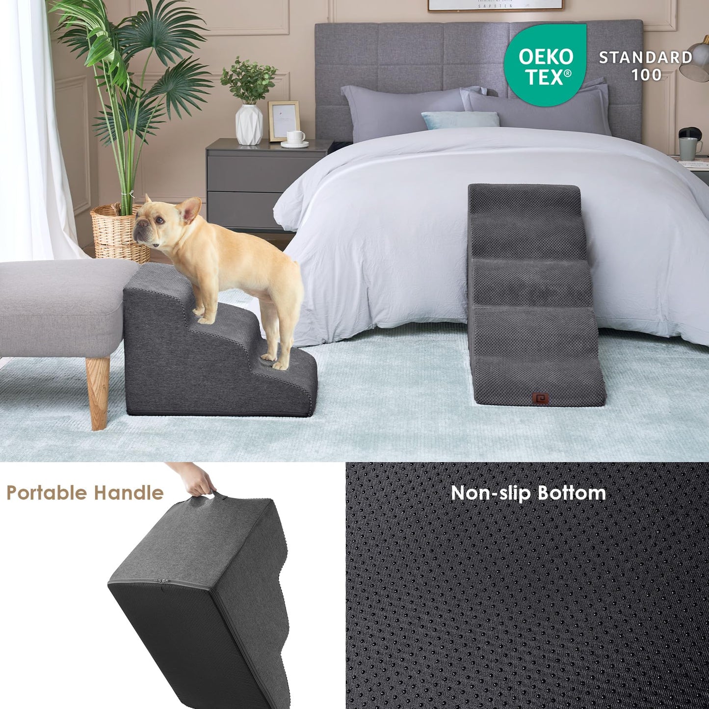 EHEYCIGA Curved Dog Stairs Ramp โ 3-Step Pet Stairs for Small Dogs & Cats, Non-Slip Indoor Steps for Couch, Sofa & Chair, Grey