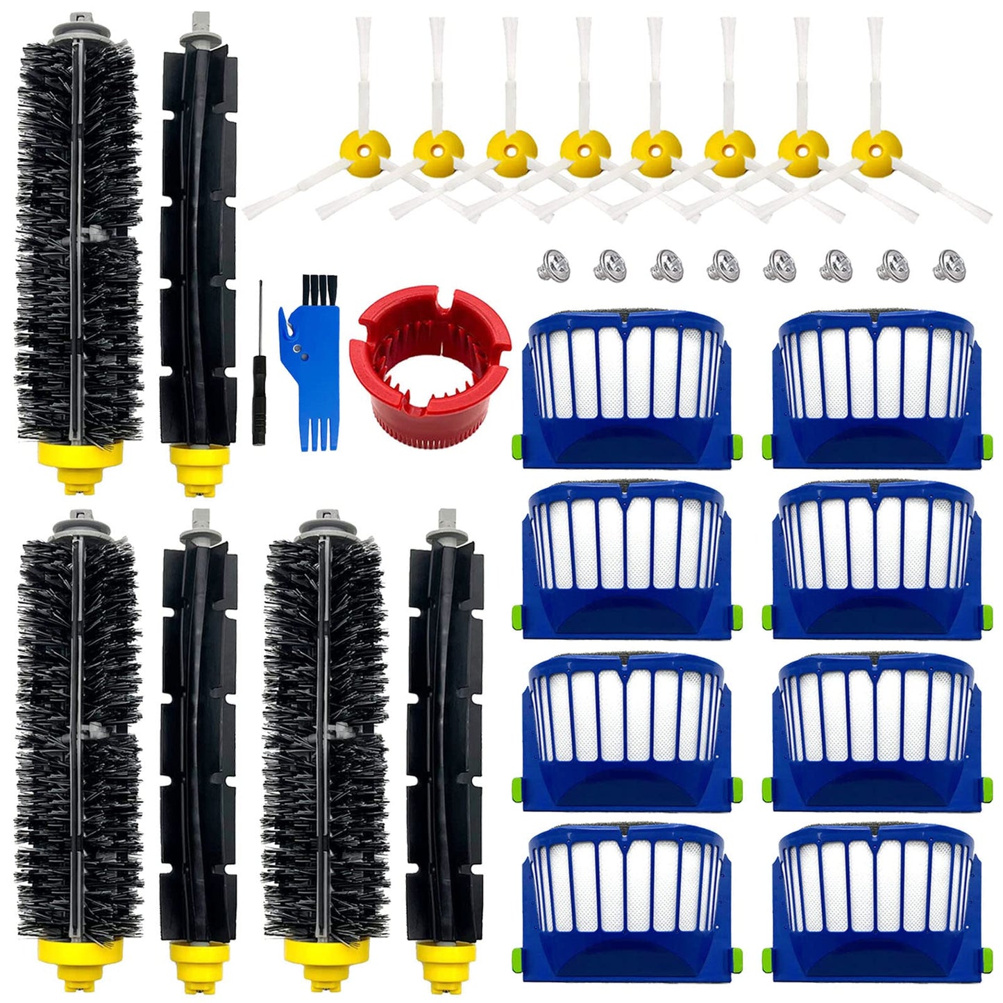Replacement Accessories Kit for iRobot Roomba 600 & 500 Series – 3 Bristle & Beater Brushes, 8 Filters, 8 Side Brushes, Cleaning Tools