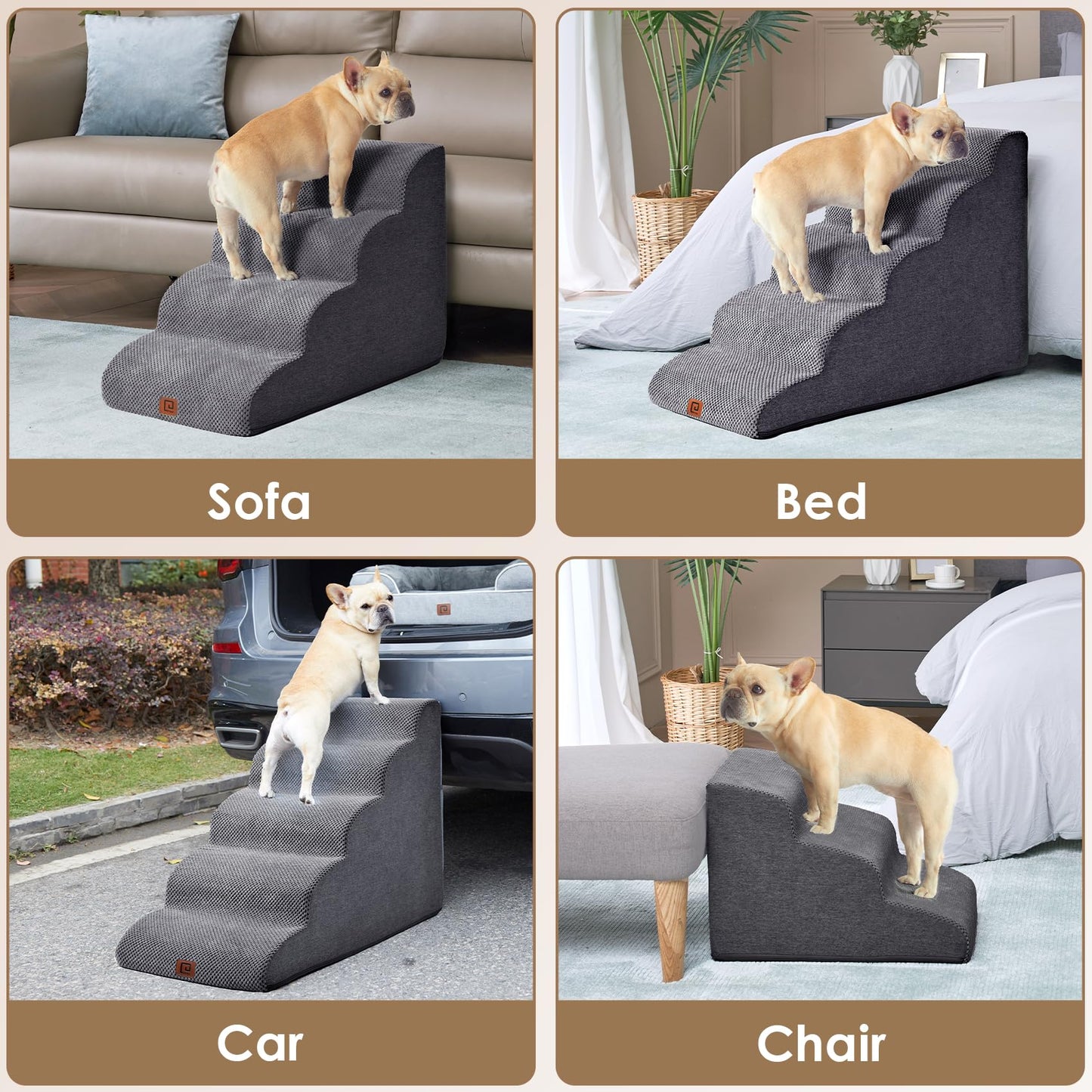 EHEYCIGA Curved Dog Stairs Ramp โ 3-Step Pet Stairs for Small Dogs & Cats, Non-Slip Indoor Steps for Couch, Sofa & Chair, Grey