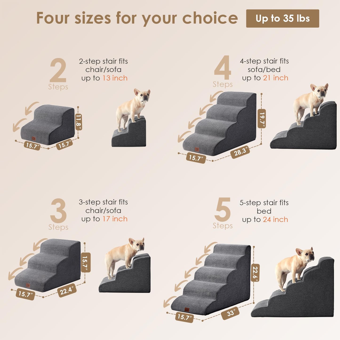 EHEYCIGA Curved Dog Stairs Ramp – 3-Step Pet Stairs for Small Dogs & Cats, Non-Slip Indoor Steps for Couch, Sofa & Chair, Grey