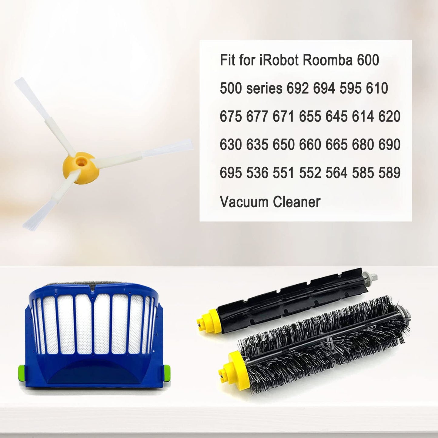 Replacement Accessories Kit for iRobot Roomba 600 & 500 Series – 3 Bristle & Beater Brushes, 8 Filters, 8 Side Brushes, Cleaning Tools