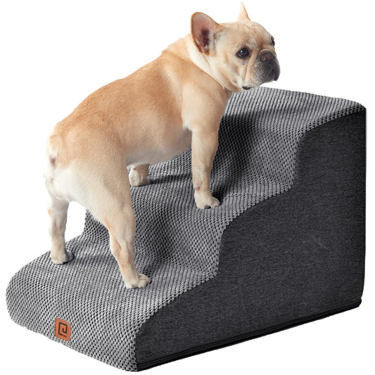EHEYCIGA Curved Dog Stairs Ramp – 3-Step Pet Stairs for Small Dogs & Cats, Non-Slip Indoor Steps for Couch, Sofa & Chair, Grey
